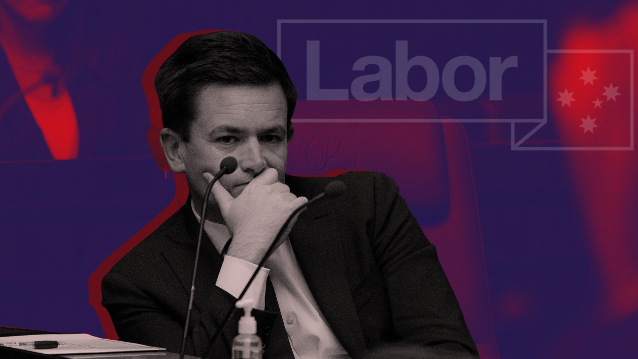 Labor leader Dean Winter listens to the speeches.