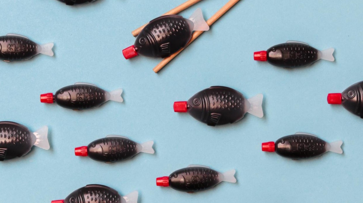 a photo of plastic soy sauce fish